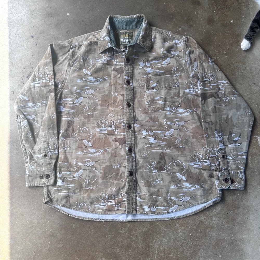 Eddie Bauer Flannel Shirt Mens L Brown Excellent Hunting Dog Duck Print Chamois
